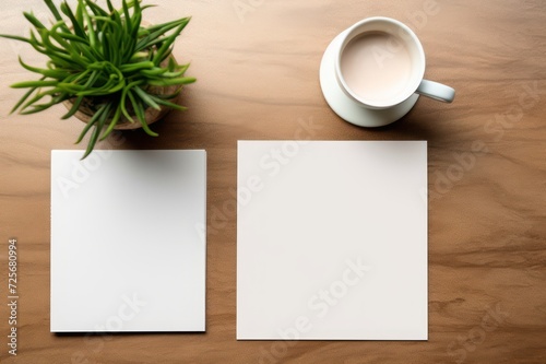 Blank paper copy space template with minimalist interior potted plant decoration on a wooden table. Stationary mock up.