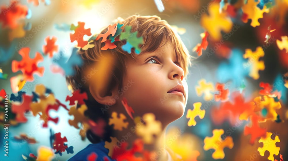 A sad, brooding lonely boy, surrounded by flying colorful puzzles, looks away. The concept of thinking of people with autism syndrome