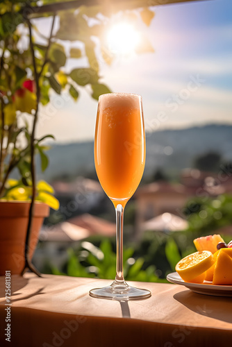 Bellini cocktail on a terrace overlooking an Italian village