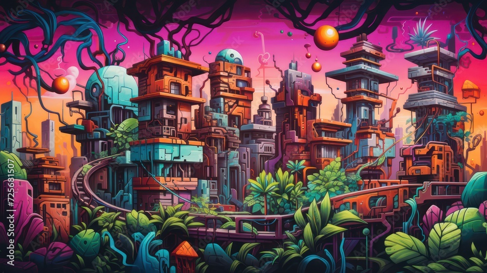 Obraz premium Cartoon illustration of graffiti fantasy world flats house building.