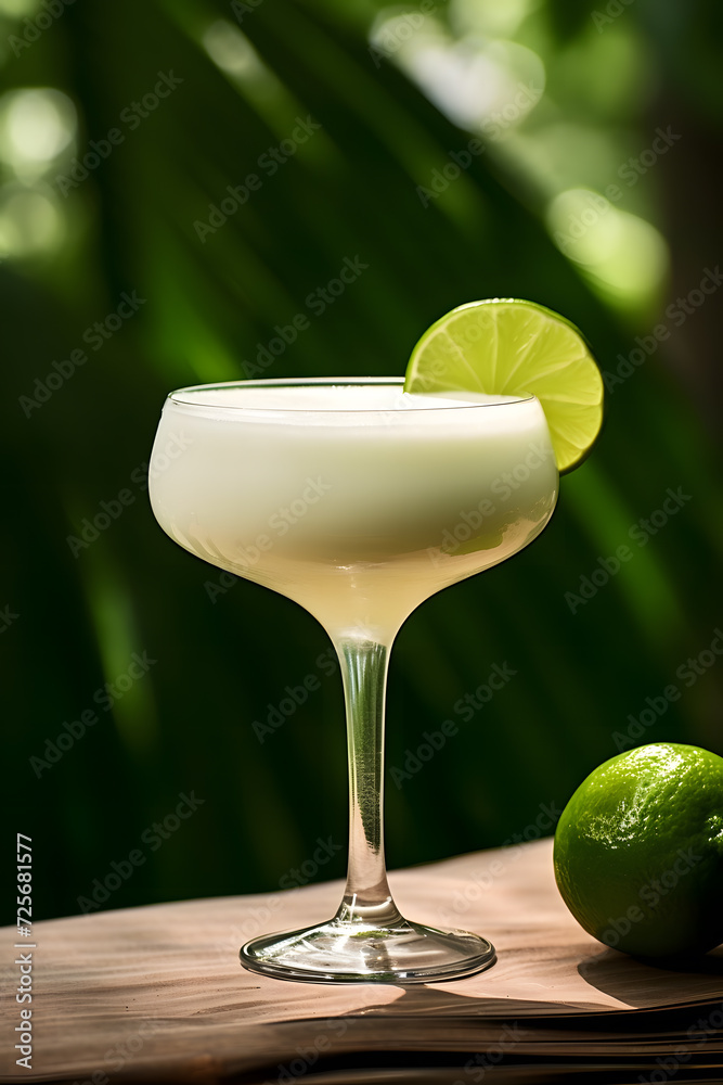 Glass of daiquiri with a slice of lime on tropical background