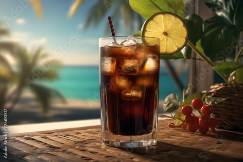 Rum and coke or cuba libre cocktail on a tropical background photo