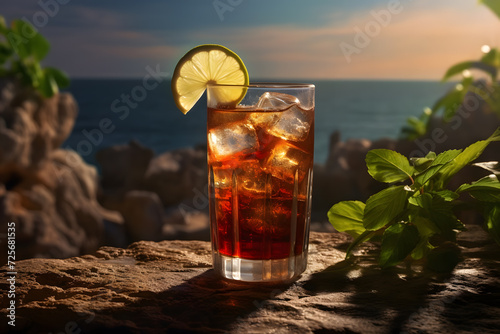 Cuba libre cocktail on a beach at sunset photo