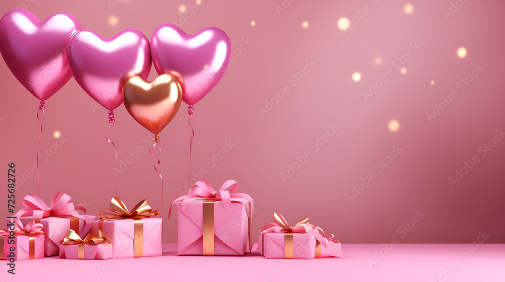 Gifts with red ribbons isolated on pink,  gifts and heart balloons, Generative Ai