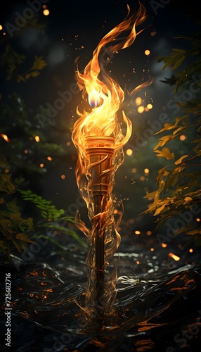 Burning torch in the dark forest. 3D rendering illustration. © Michelle