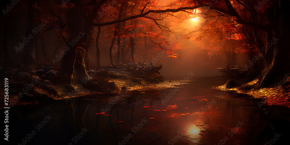 Autumn magical forest background tree faded in mist, beautiful autumn spirit, Forest scenery and trees with red leaves, Generative AI