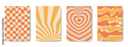 Retro psychedelic backgrounds 70s style set. Heart, Trippy Grid, rays trendy textures.