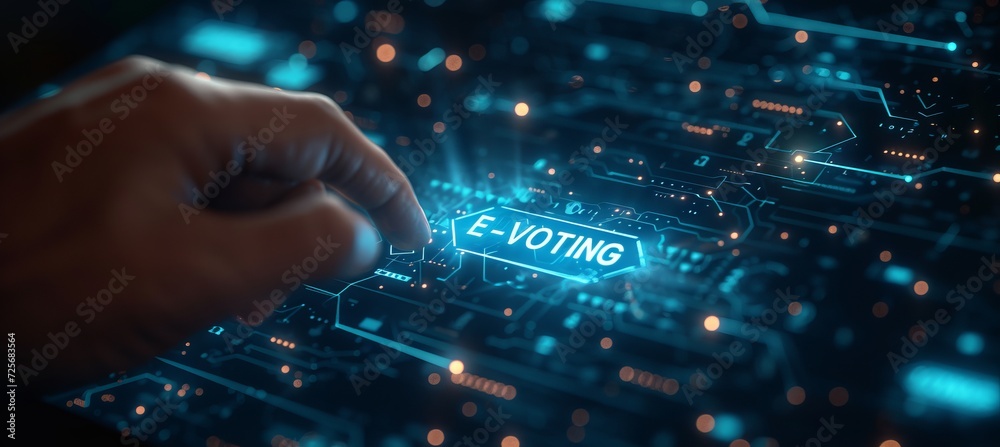 Secure e voting concept with hand pressing text, holograms, and waves on dark blue background Secure e voting concept with hand pressing text, holograms, and waves on dark blue background