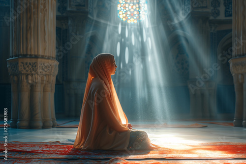 Ramadan Kareem. A Muslim woman in a hijab sits in peaceful prayer in a mosque, rays of light illuminating the tranquil scene during Ramadan.