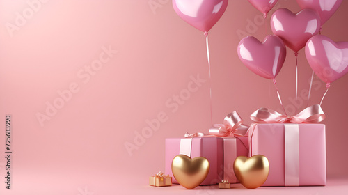 Gifts with red ribbons isolated on pink, gifts and heart balloons, Generative Ai