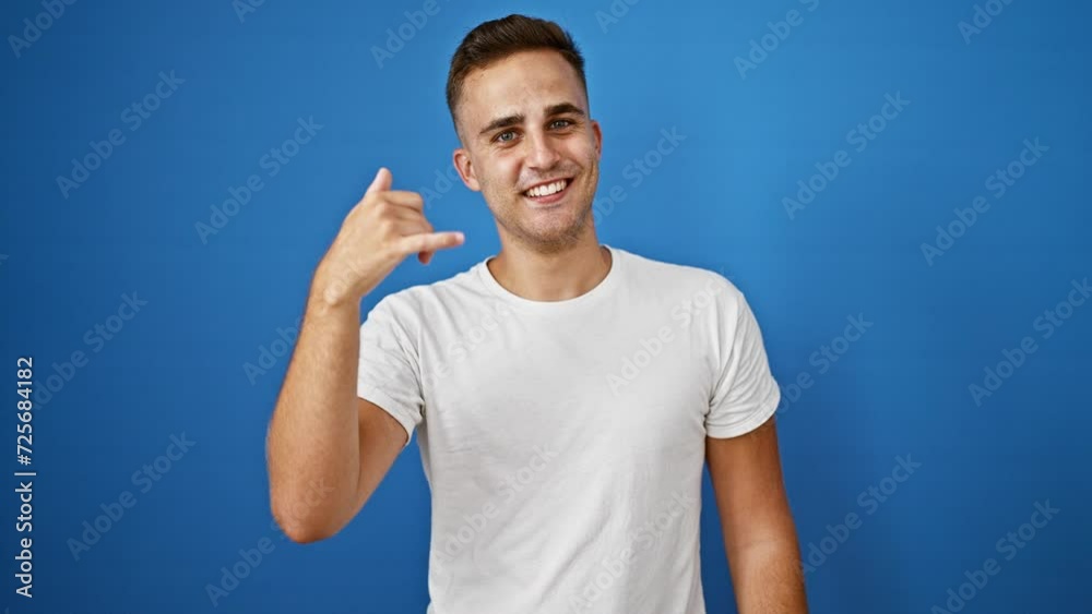 Smiling young man pointing and making a call gesture against a blue background, portraying confidence and friendliness.