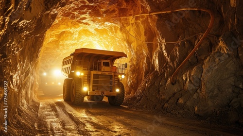 Underground mining scene, haul truck driving, illuminated walls