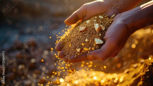 Hand pouring golden sand with gold nuggets at sunset