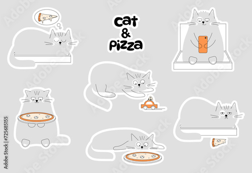 A set of funny and cute stickers with a gray cat and pizza. Vector illustrations on the theme of food delivery.