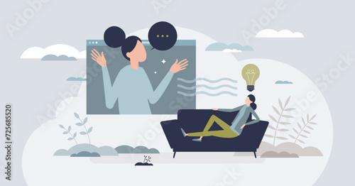 Mental health counseling and online psychology session tiny person concept. Professional psychological support with remote treatment consultations vector illustration. Anxiety or depression treatment