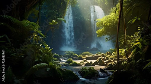 Panorama of a beautiful waterfall in a tropical rainforest, long exposure