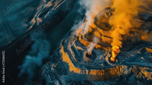 Aerial view of sulfur mining with smoke and vibrant mineral layers. photo