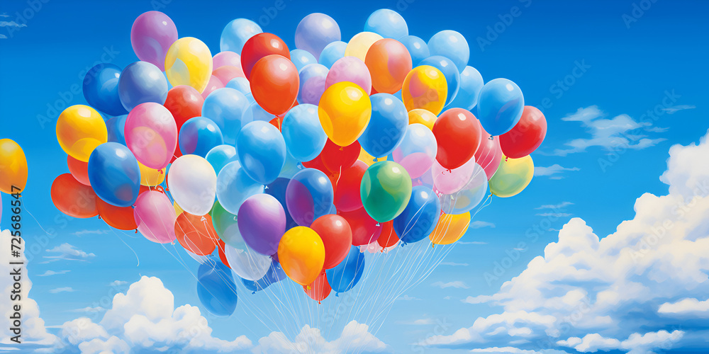 colorful balloons in sky, A bunch of balloons with a yellow stripe and the word the  on the bottom, Cheerful balloons, Large group of colorful balloons hovering in the air,  Generative AI