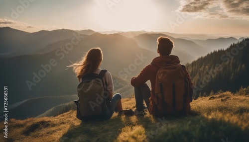 Carefree couple enjoys in view while taking break during hiking in nature
