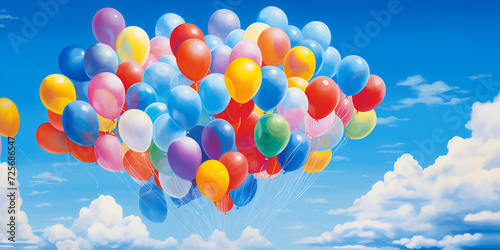 colorful balloons in sky, A bunch of balloons with a yellow stripe and the word the on the bottom, Cheerful balloons, Large group of colorful balloons hovering in the air, Generative AI