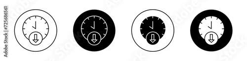 Less time icon set. Reduce clock hourglass and low time vector symbol in a black filled and outlined style. Time reduction circle stop watch sign. photo
