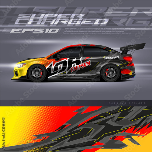 Racing car wrap design vector. Graphic abstract stripe racing background kit designs for wrap vehicle  race car  rally  adventure and livery