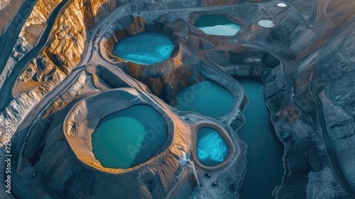 Aerial view of deep excavation sites with vibrant mineral pools, titanium mine