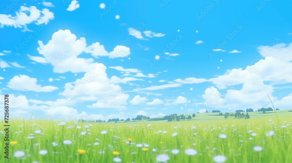 peaceful place on earth showing a big grass field with flowers, anime artwork