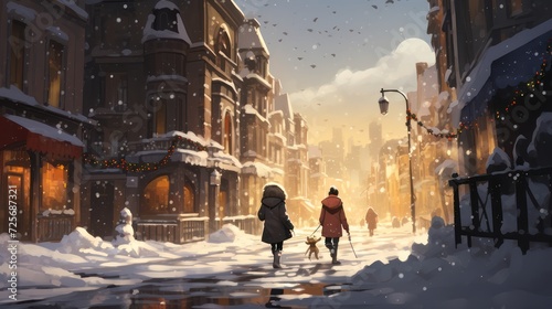Illustration of an urban alley amidst buildings during a snowy winter, people walking down the street.