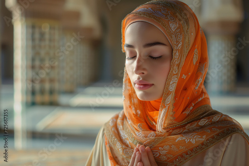 Ramadan Kareem. A young Muslim woman, clad in an orange hijab, is captured in a serene moment of prayer within the peaceful confines of a mosque. photo