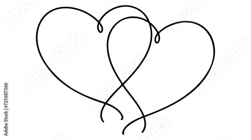Continuous line drawing of love sign with two hearts embrace minimalism design on white background.