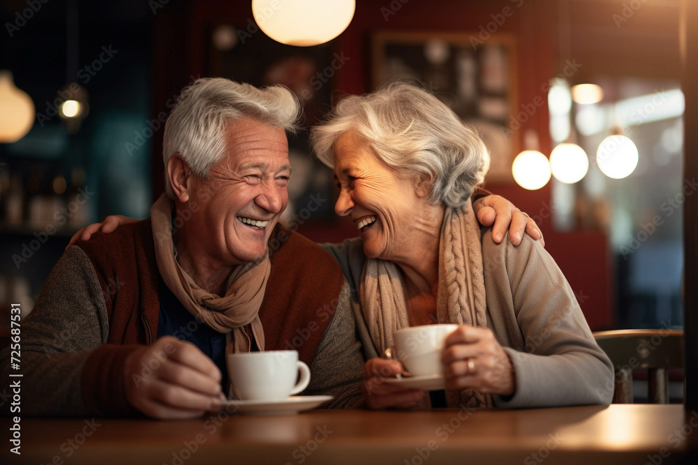 close view of an old couple, in a cafe, with two cup of cappuccino laughing