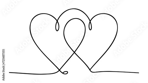 Continuous line drawing of love sign with two hearts embrace minimalism design on white background.