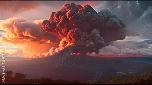 4K video clip of The volcano erupted releasing large clouds of black smoke and charcoal into the sky. photo