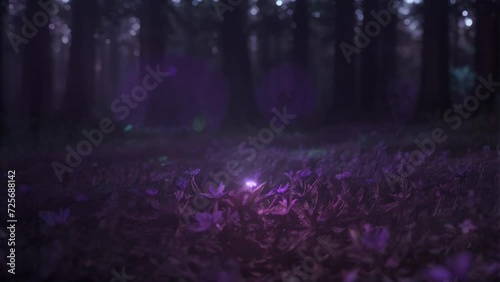 Colorful bioluminescence plants in forest, crystals and glowing path, fireflies, Pandora planet at night, blue and pink glow, epic landscape in background, hazy planet in the sky.