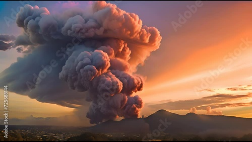 4K video clip of The volcano erupted releasing large clouds of black smoke and charcoal into the sky. photo