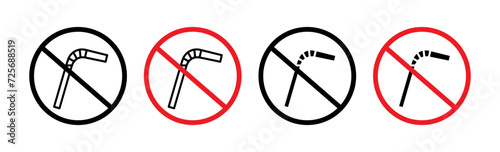 Stop Using Plastic Straw Line Icon Set. Ban Plastic Straw and Save Pollution Symbol in Black and Blue Color. photo