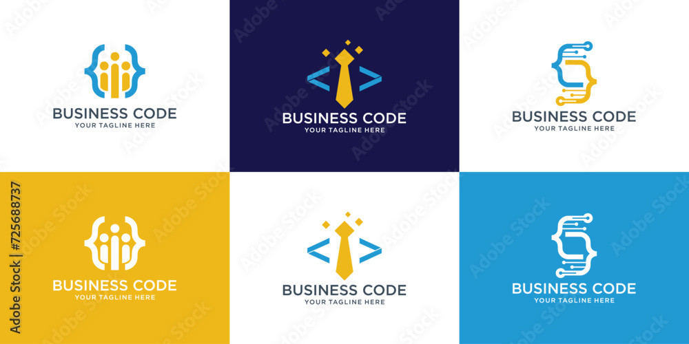 Set of Coding logo template, Modern code logo for programmer with business man, tie, technology concept. - obrazy, fototapety, plakaty 