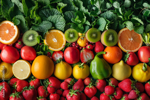 Fruits and vegetables containing vitamin C background  top view