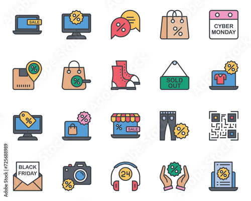 Filled color outline icons set for Black Friday.