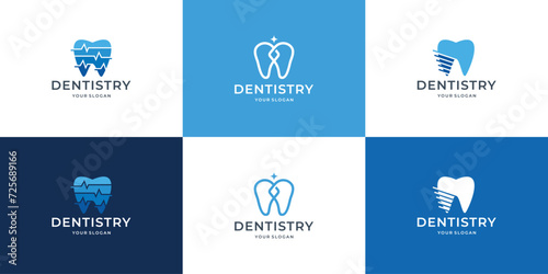 icon bundle of dentistry, dental care, dentist logo design with blue and white color background template illustration
