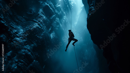 rock climber hangs on a rope in a deep abyss