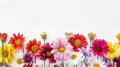 A delightful border of multicolored daisies against a pristine white background