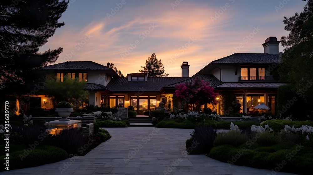 Luxury house with a beautiful garden at dusk. Panorama