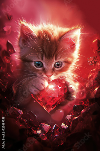 A kitten is holding a shiny heart cristal. Valentine's card. Generative AI © Oleksandr