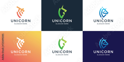 set of minimalist unicorn logos, Abstract line art style unicorn head with gradient color inspiration.