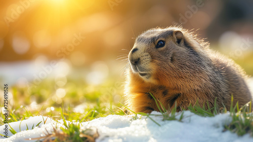 adorable marmot with curious gaze and furry features. Charm of this cute creature in stunning detail, early spring time, snow, sun and first green sprouts