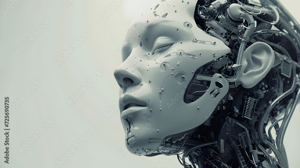 Portrait of female robot, android face, Artificial intelligence concept render 3d illustration