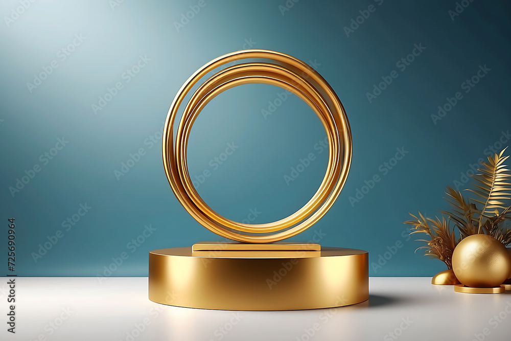 Product Showcase golden podium on blue background, Best for marketing and advertisement