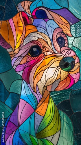 Stained glass window background with colorful yorkshire terrier abstract.